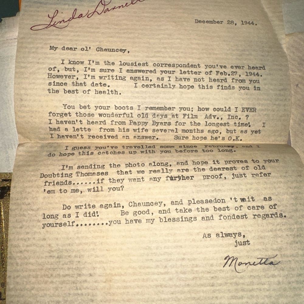 Rare 1944 Linda Darnell Signed Letter Hollywood Actress Personal Letter WWII